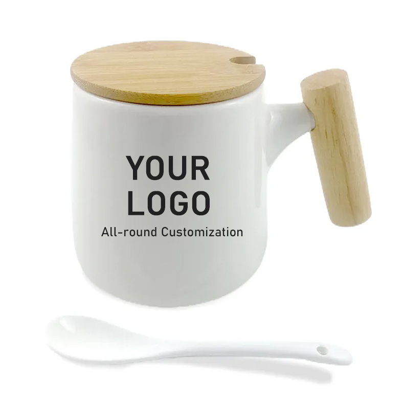 Ceramic coffee mug cup with lid and spoon